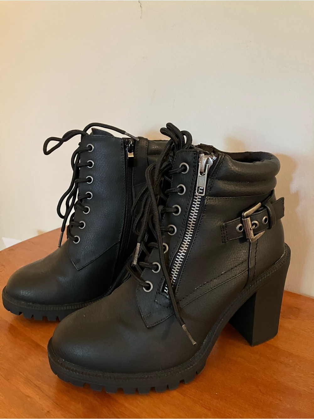 Torrid Size 7WW Black Faux Leather Heeled Hiker Boots